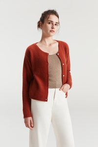 Cashmere rotondo puro del collo rosso spazzolato da donna cardigan