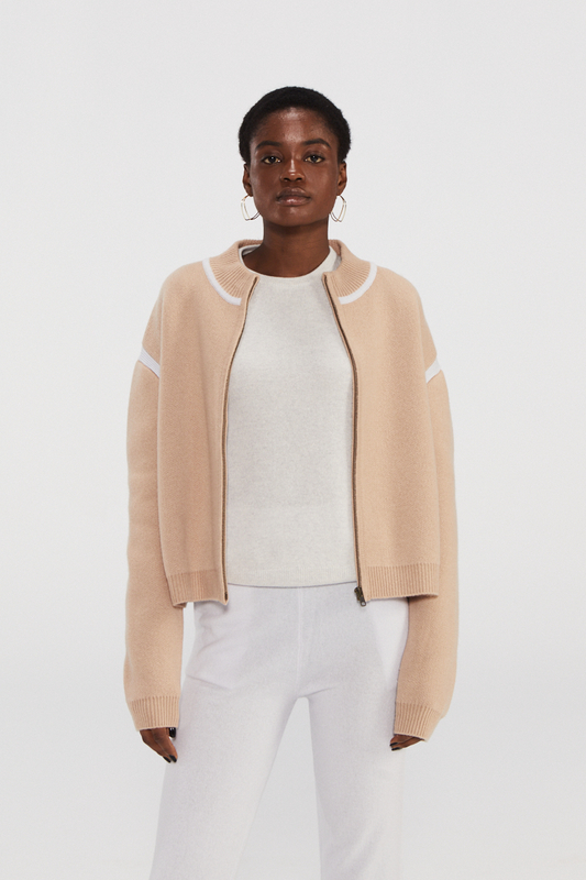 Giacca bomber a maglia Beige Cashmere con finitura bianca