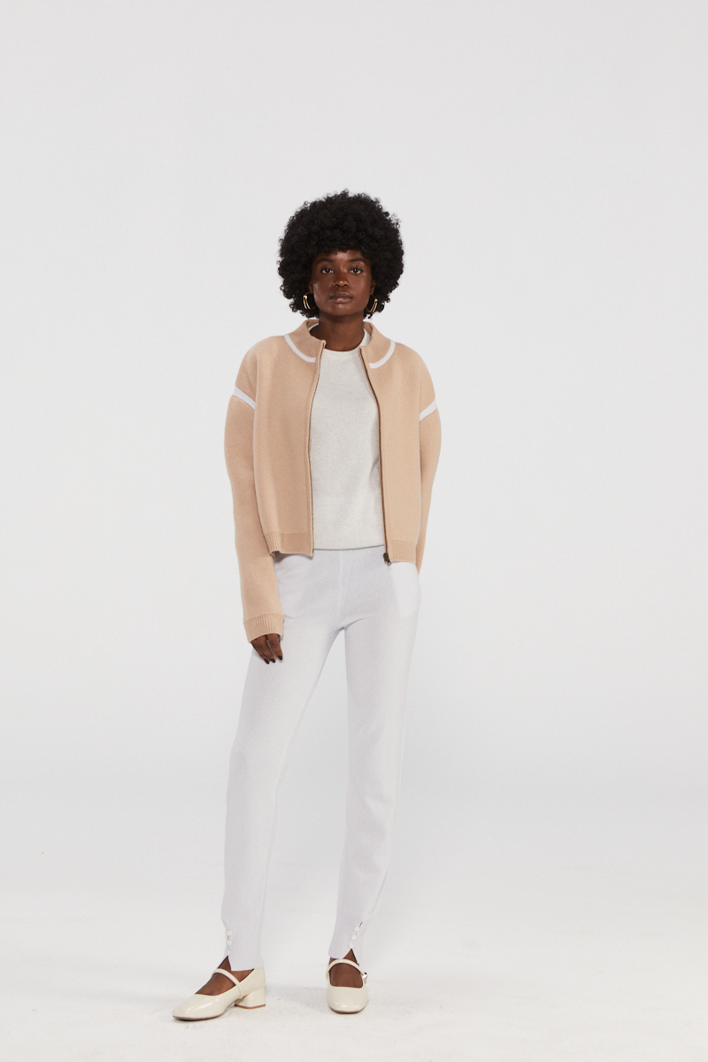 Giacca bomber a maglia Beige Cashmere con finitura bianca