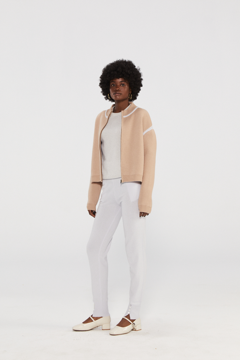 Giacca bomber a maglia Beige Cashmere con finitura bianca