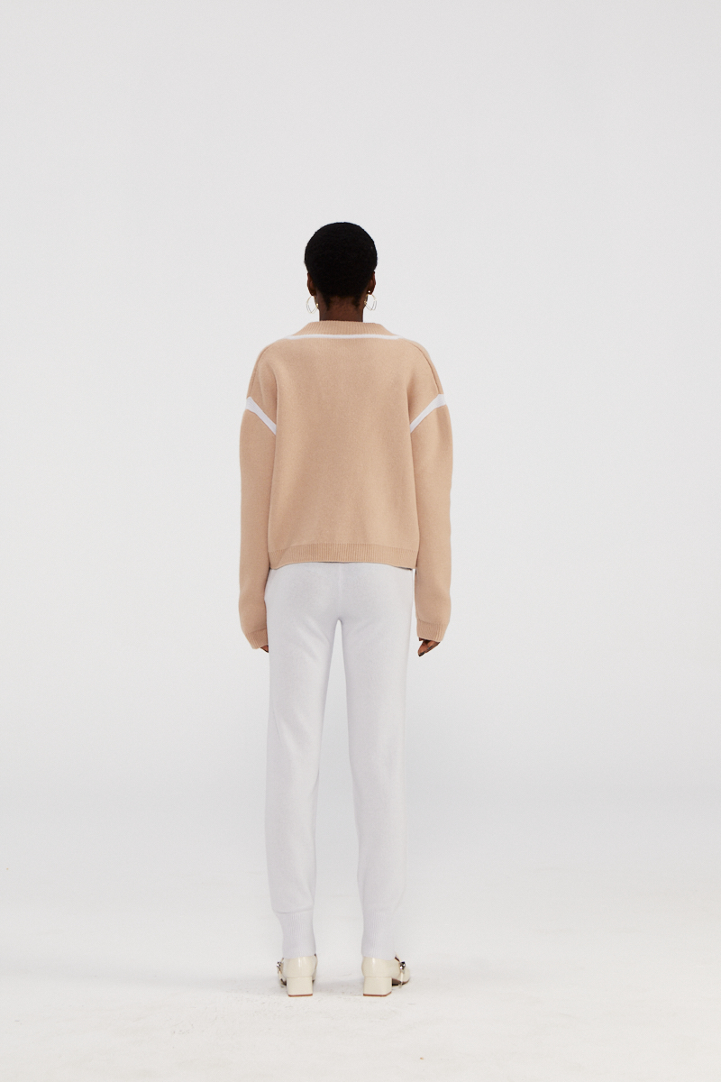 Giacca bomber a maglia Beige Cashmere con finitura bianca