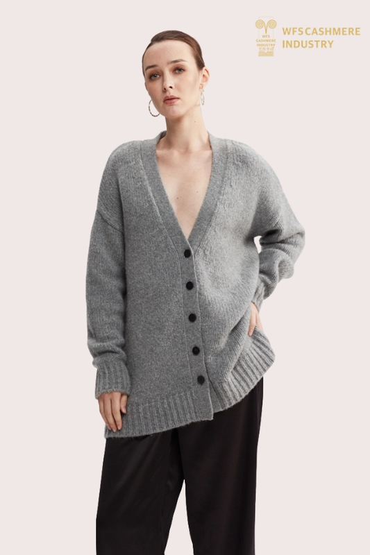 Cardigan in cashmere a maniche lunghe in maglia grigia essenziale | Produttore OEM/ODM all'ingrosso