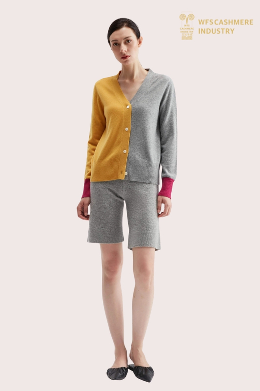 Cardigan in puro cashmere con scollo a V color block personalizzato | Produttore di maglieria da donna OEM