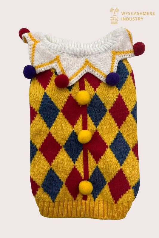 Maglione per animali domestici Harlequin Jester 7GG con colletto con pom-pom | OEM di maglieria per animali domestici