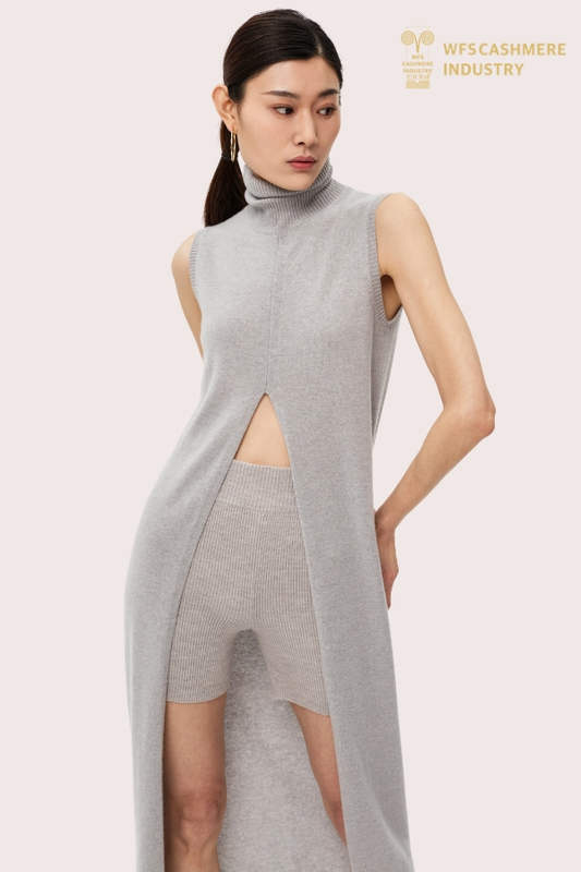 Abito grigio da donna a collo alto in puro cashmere di lusso | Produttore OEM di abiti in maglia premium