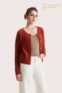 Cardigan rosso da donna girocollo in puro cashmere spazzolato | Produttore di maglieria premium