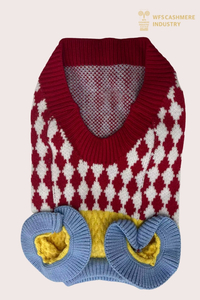 Maglione per animali domestici con scollo a V Argyle 7GG con design a blocchi di colore | OEM di maglieria per animali preppy