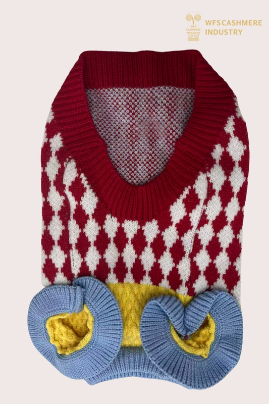 Maglione per animali domestici con scollo a V Argyle 7GG con design a blocchi di colore | OEM di maglieria per animali preppy