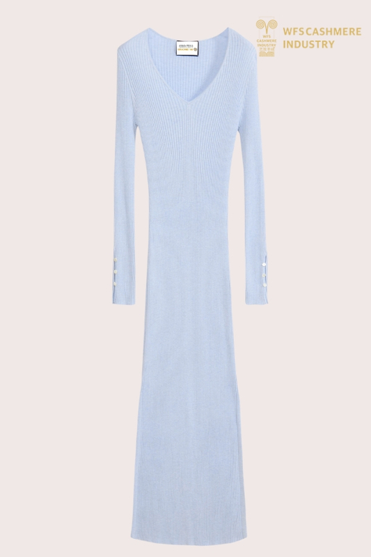 Abito lungo elegante in cashmere con scollo a V da donna | Produttore OEM di maglieria di lusso