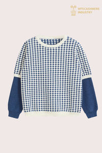 Pullover da ragazzo in cotone e cashmere patchwork a scacchiera blu | OEM di maglieria per bambini con intarsio