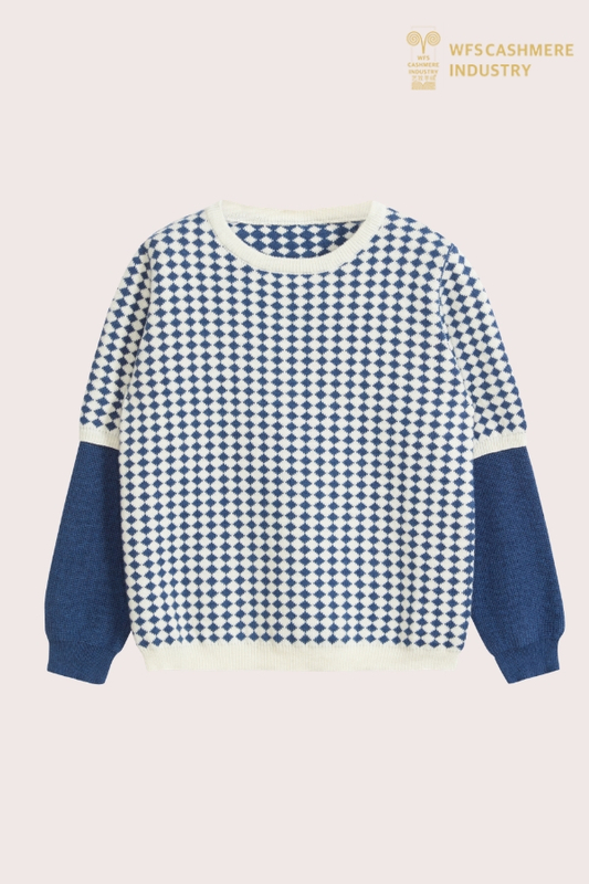 Pullover da ragazzo in cotone e cashmere patchwork a scacchiera blu | OEM di maglieria per bambini con intarsio