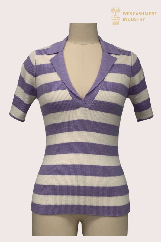 Pullover a righe con colletto aperto in lana pettinata 12GG | OEM di maglieria polo
